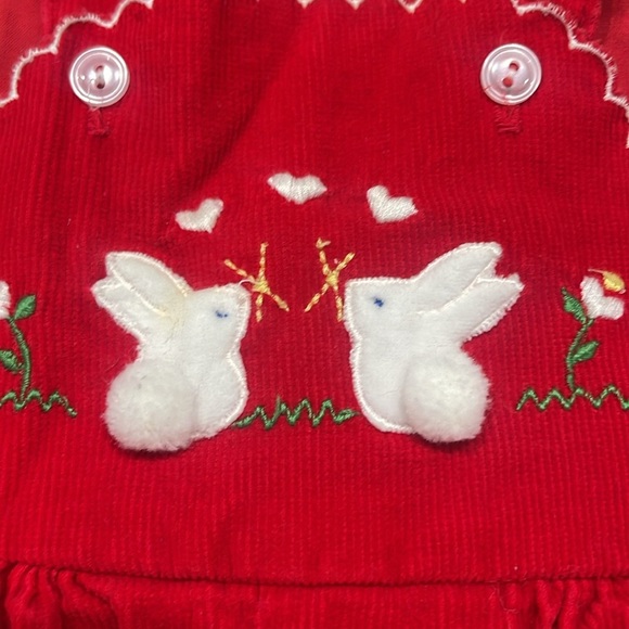 Vintage red corduroy embroidered bunny baby Overalls - Picture 2 of 6